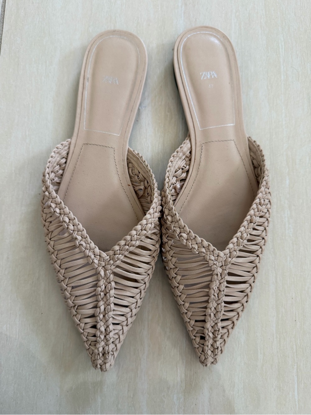Zara Beige Woven Pointed-Toe Slip-On Flats
